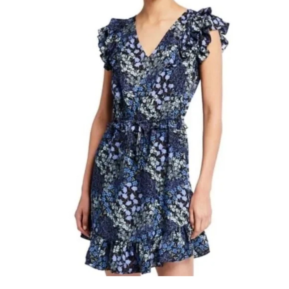 REBECCA TAYLOR  Ava Dress Size 8 Silk Ruffle Pockets Drawstring Floral Blue